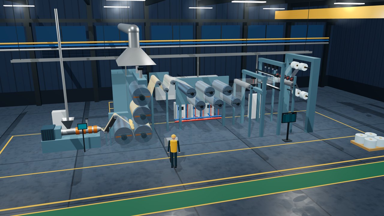 Standbild des 3D-Modells einer Folienkalanderlinie in der Halle: Extruder, 4-Walzen-L-Kalander, Temperwalzen, Inspektionssystem mit Zeilenkameras und Rollenschneider